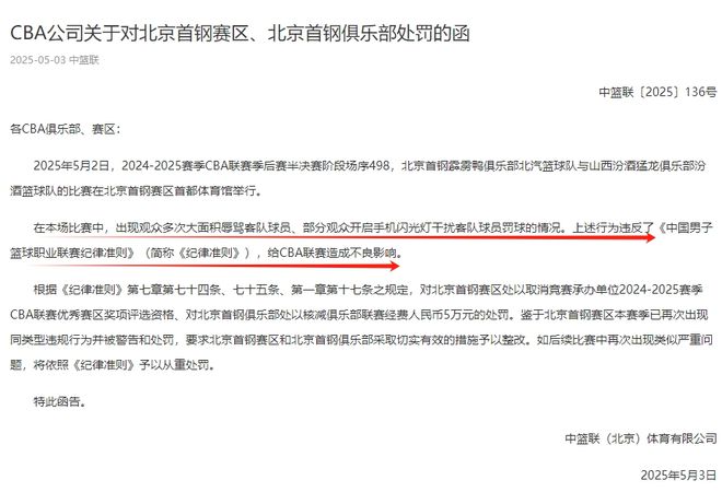 CBA总决赛前夕北京男篮遭处罚，因主场球迷不良行为